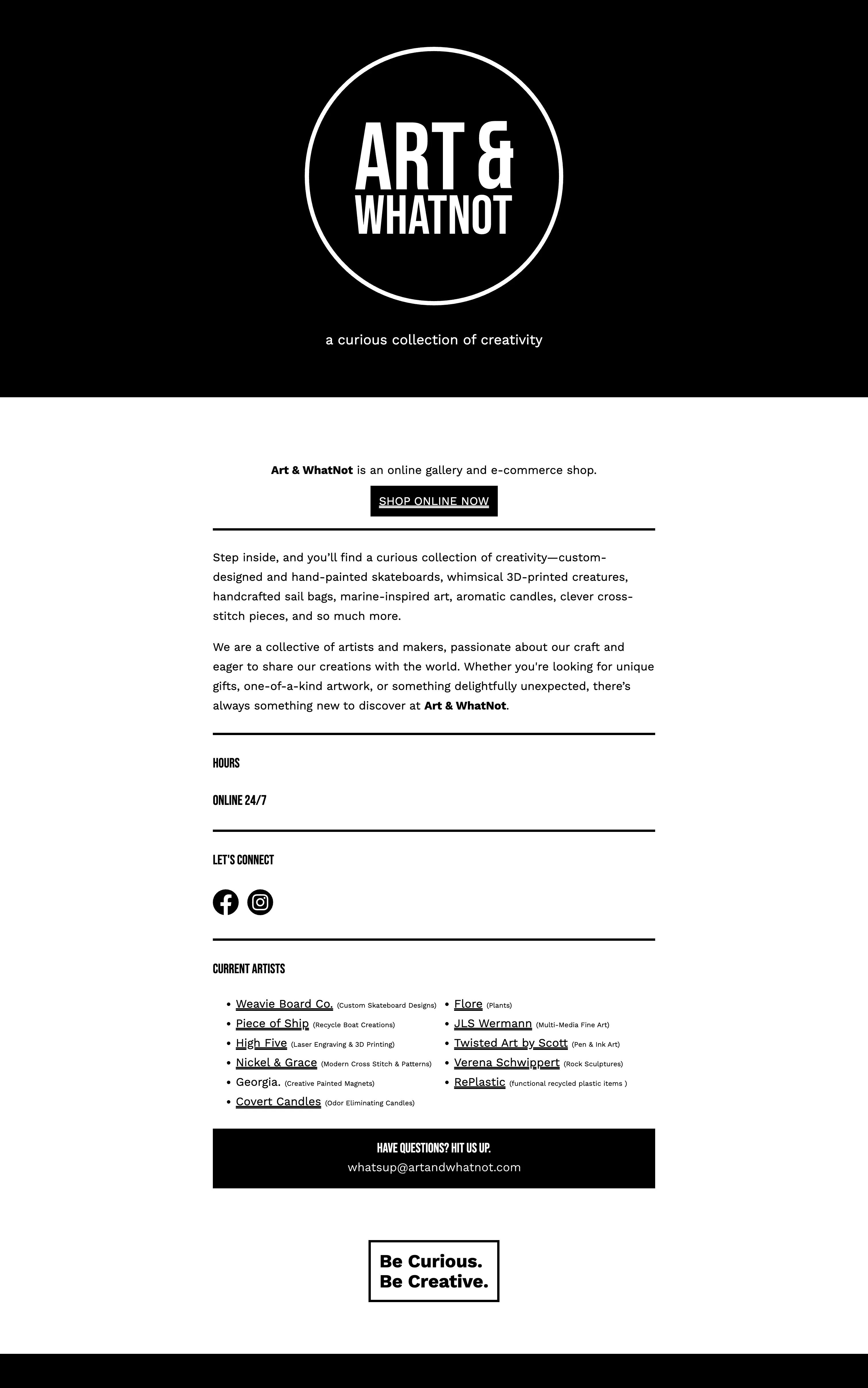 Art & WhatNot website, full length, with the shop description, hours, social links, and current artists directory