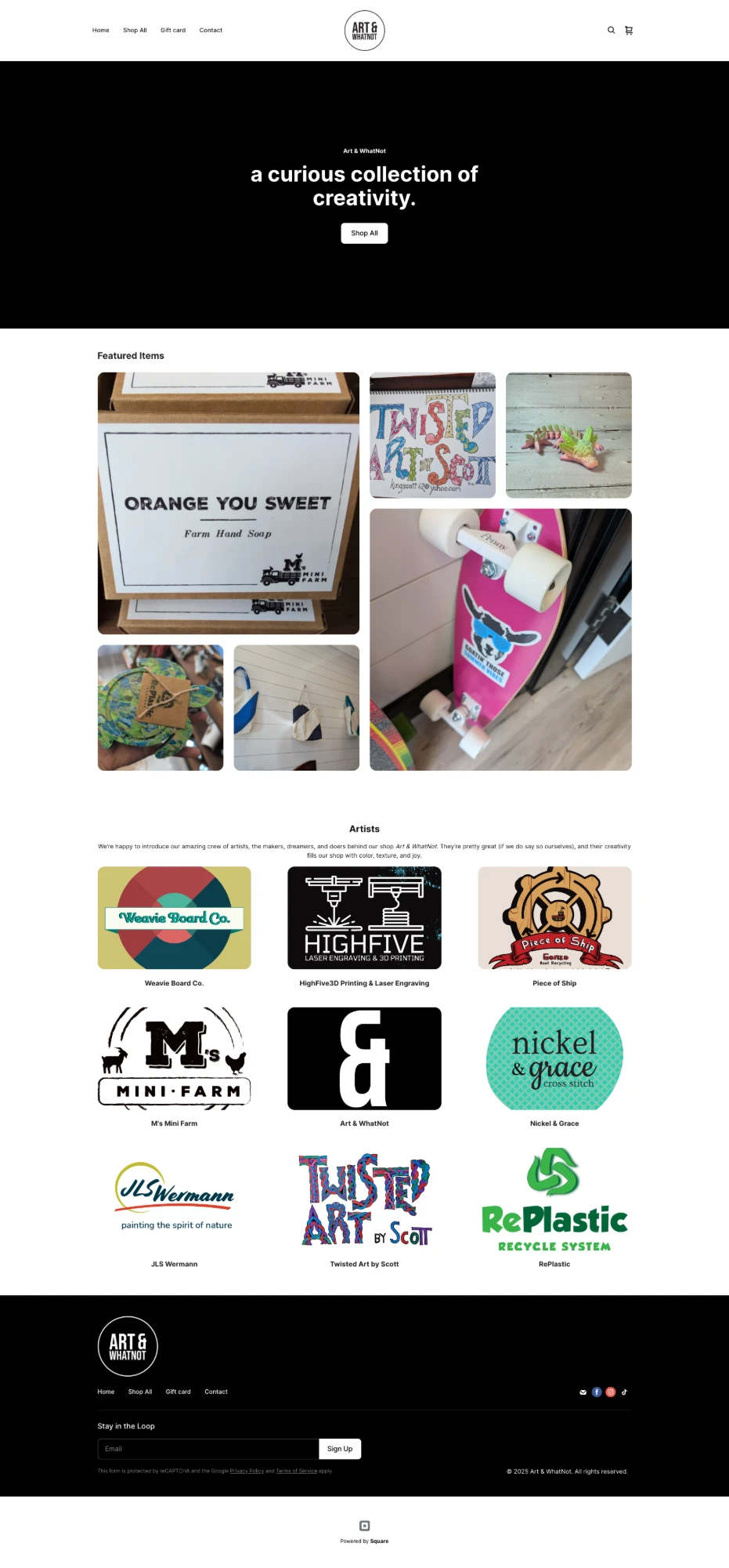 Art & WhatNot online store home page on Square Online, full length, with the black hero, featured items, and the artists grid