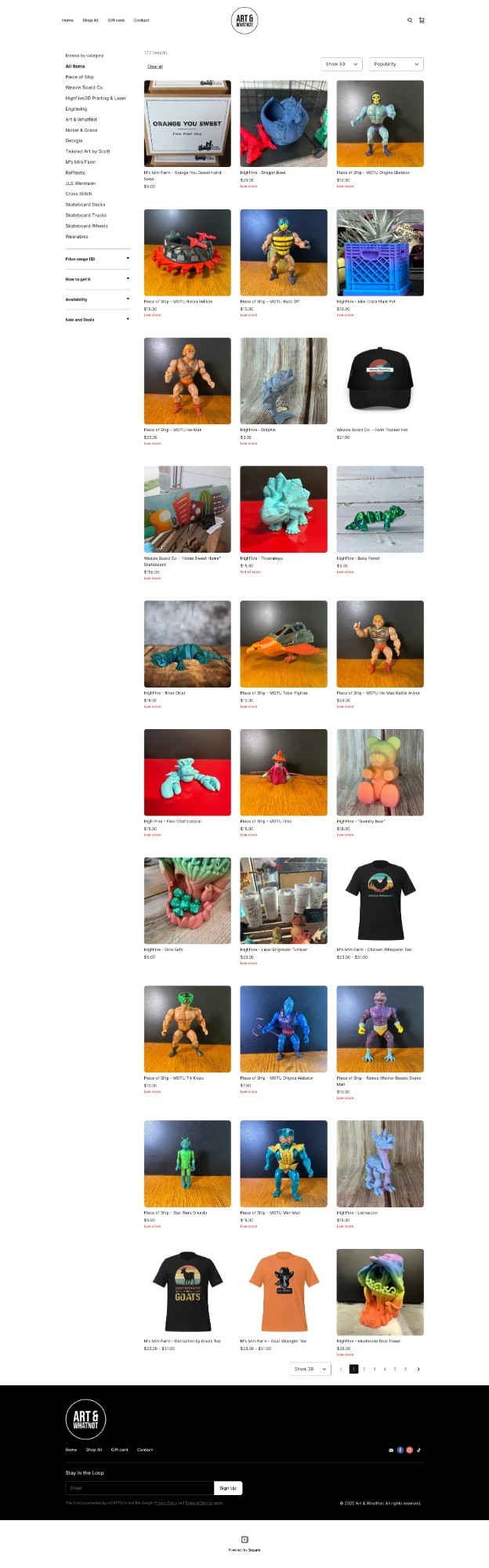 Art & WhatNot online store Shop All page, full length, with category filters and a grid of products from the shop's artists