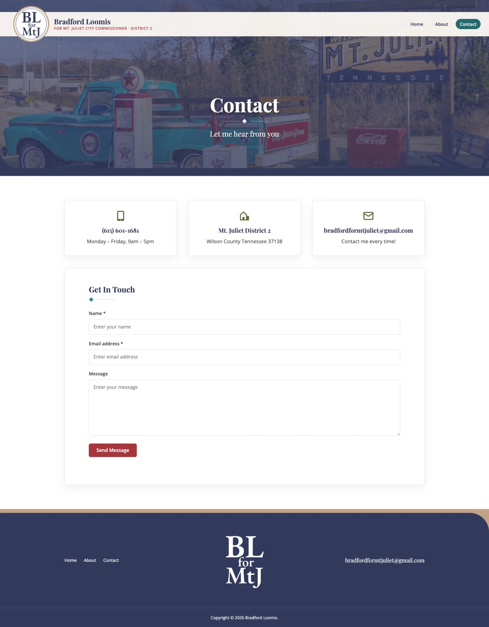 Bradford for Mt. Juliet contact page with contact cards and the Get In Touch form