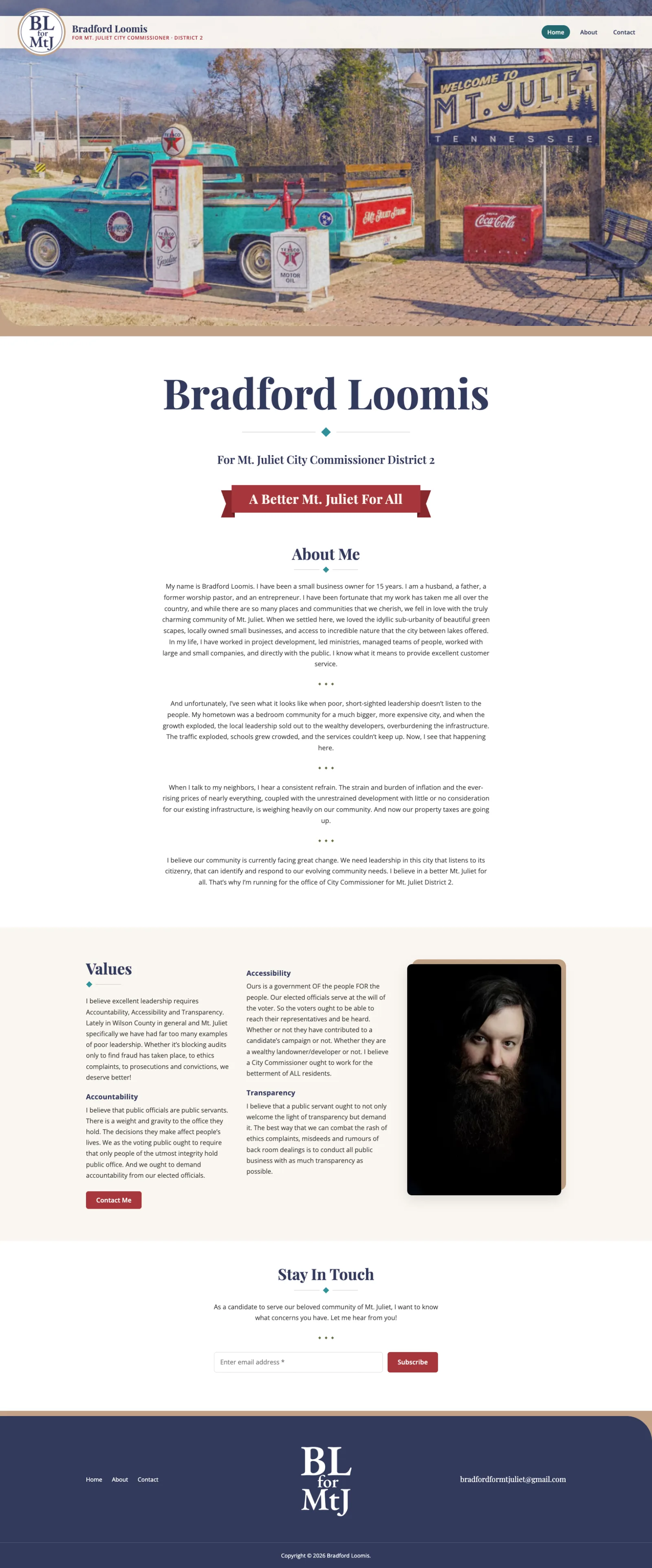 Bradford for Mt. Juliet home page, full length, with the About Me, Values, and Stay In Touch sections