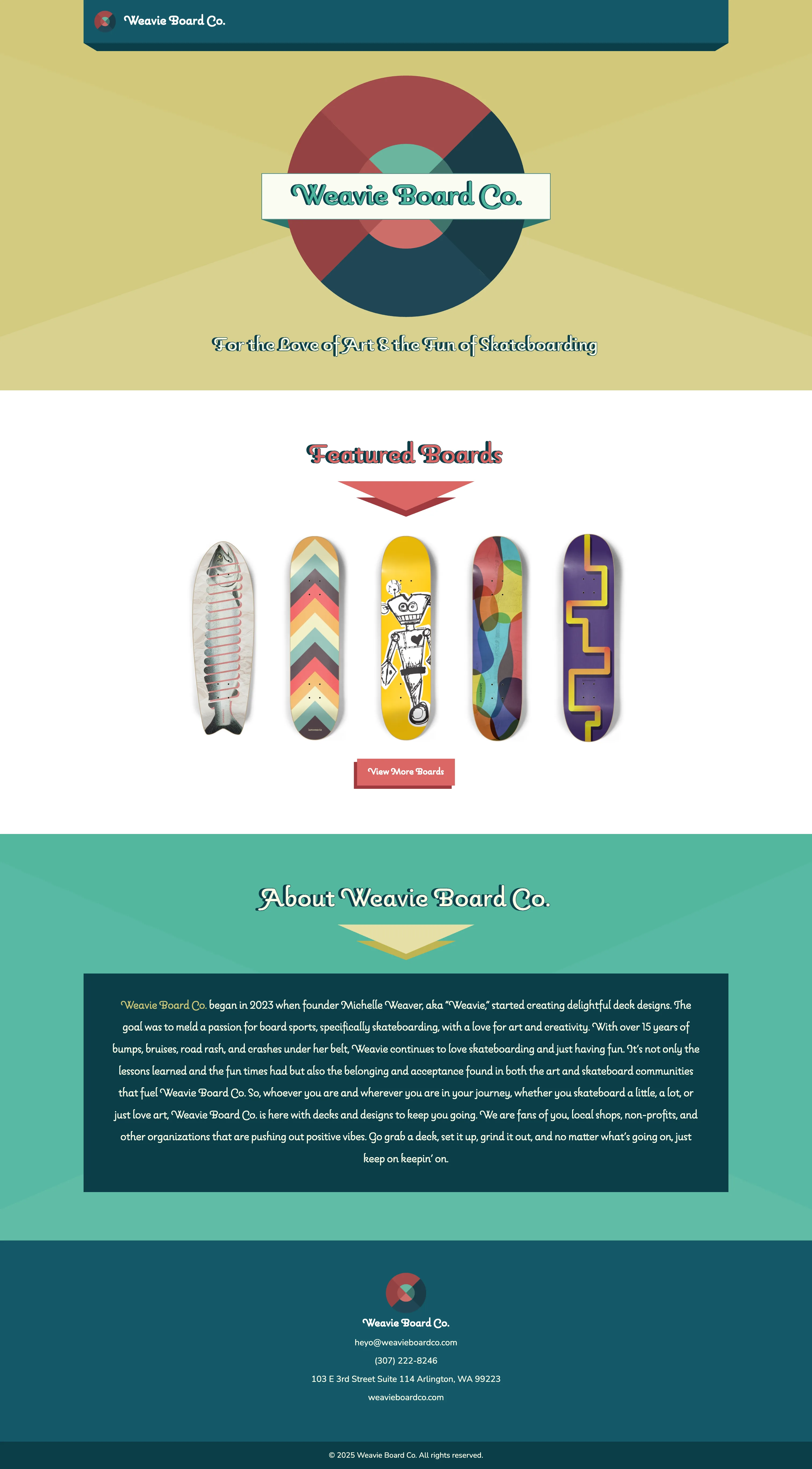 Weavie Board Co. website, full length, with featured boards, about section, and contact details